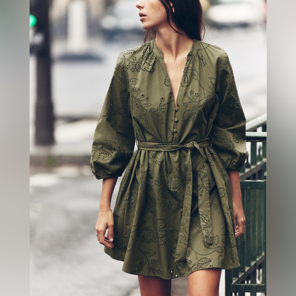 Zara Eyelet Mini Dress in Olive Size XS